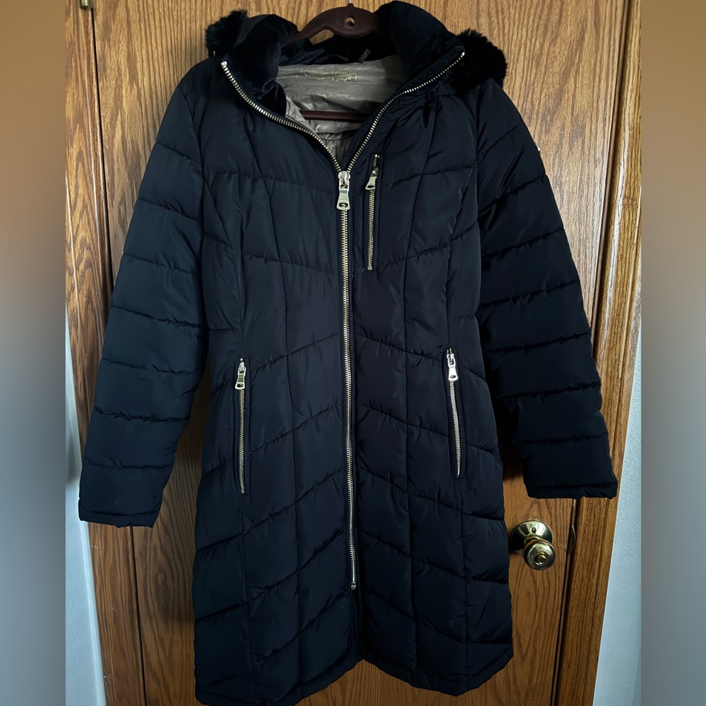Calvin Klein Black Coat Faux Fur Hooded Parka Jacket Mid Length Women's Size S